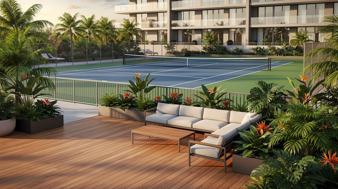 The image depicts a modern condominium common area featuring a stylish timber deck surrounded by lush tropical plants, with a tennis court visible in the background. This inviting space promotes an active and healthy lifestyle, ideal for residents seeking elevated modern living near Clementi Avenue 1 and the nearby Jurong Lake District.
