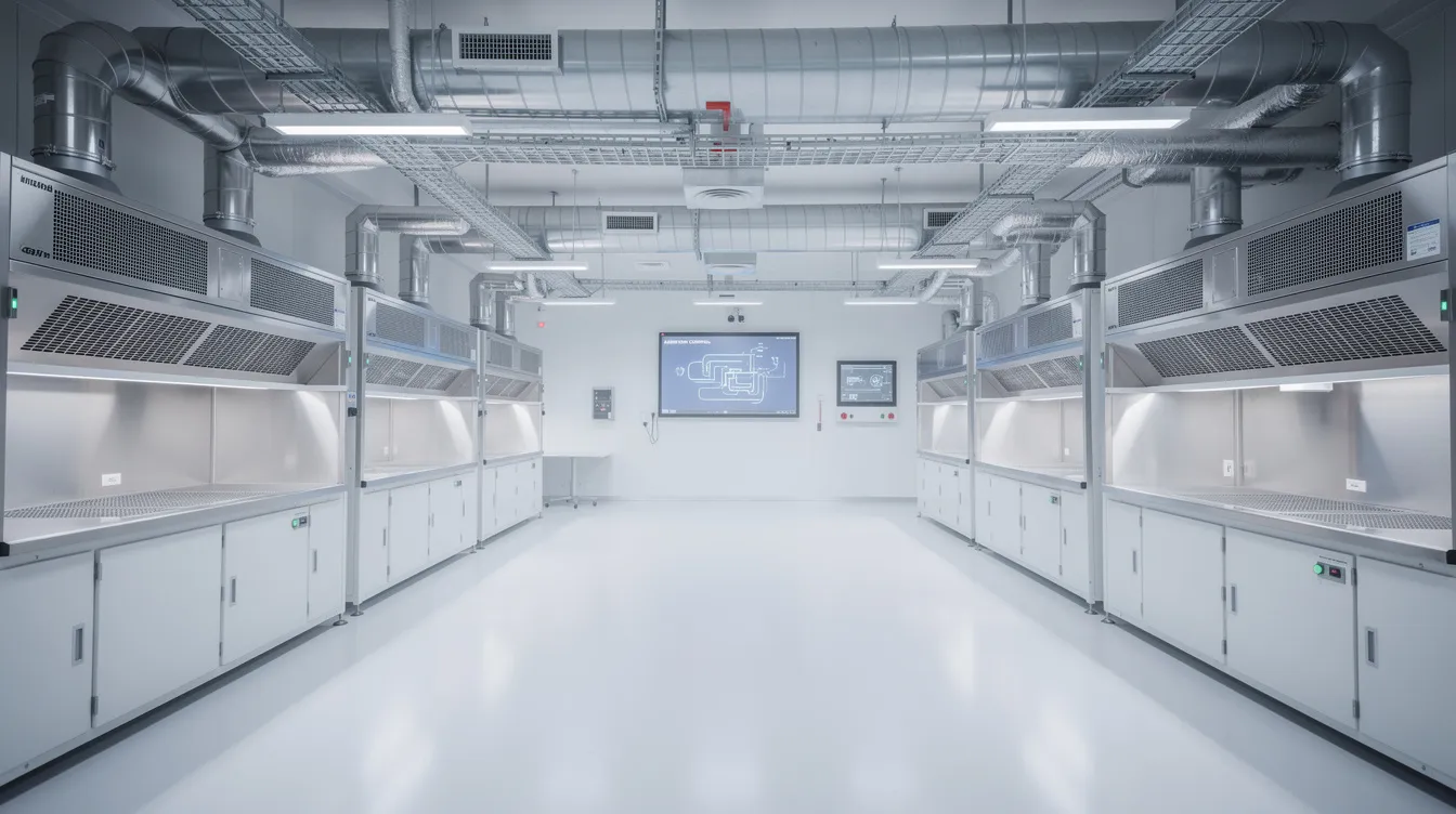 The image depicts the interior of a high-spec cleanroom facility, featuring advanced air handling systems and controlled environment equipment essential for core industrial activities. This space is designed to meet the operational needs of tech firms and biomedical industries, highlighting the significance of industrial properties in Singapore's industrial market.