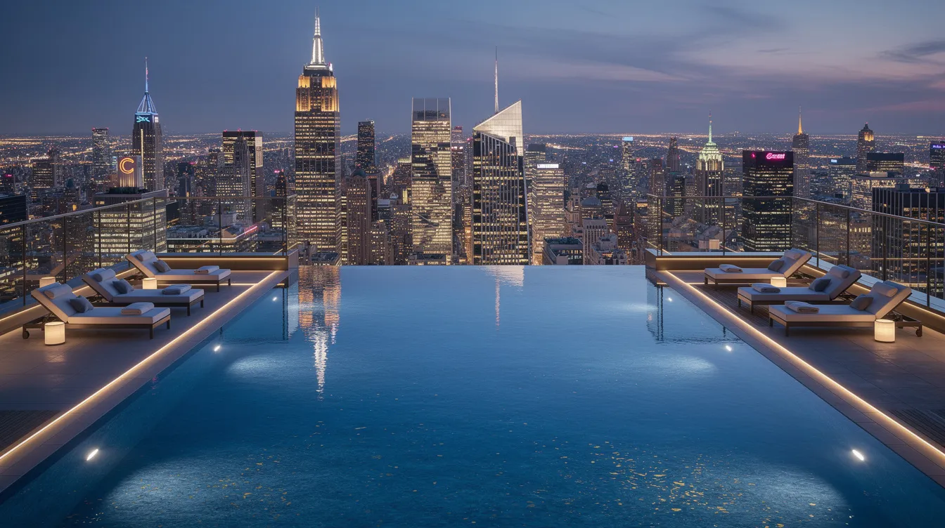 An infinity pool stretches across a high-rise rooftop terrace, providing stunning panoramic views of the glittering Singapore skyline at twilight, with iconic landmarks like Marina Bay Sands and the former Golden Mile Complex visible in the distance. The scene captures the essence of luxury living, inviting residents to simply relax and enjoy the breathtaking surroundings.