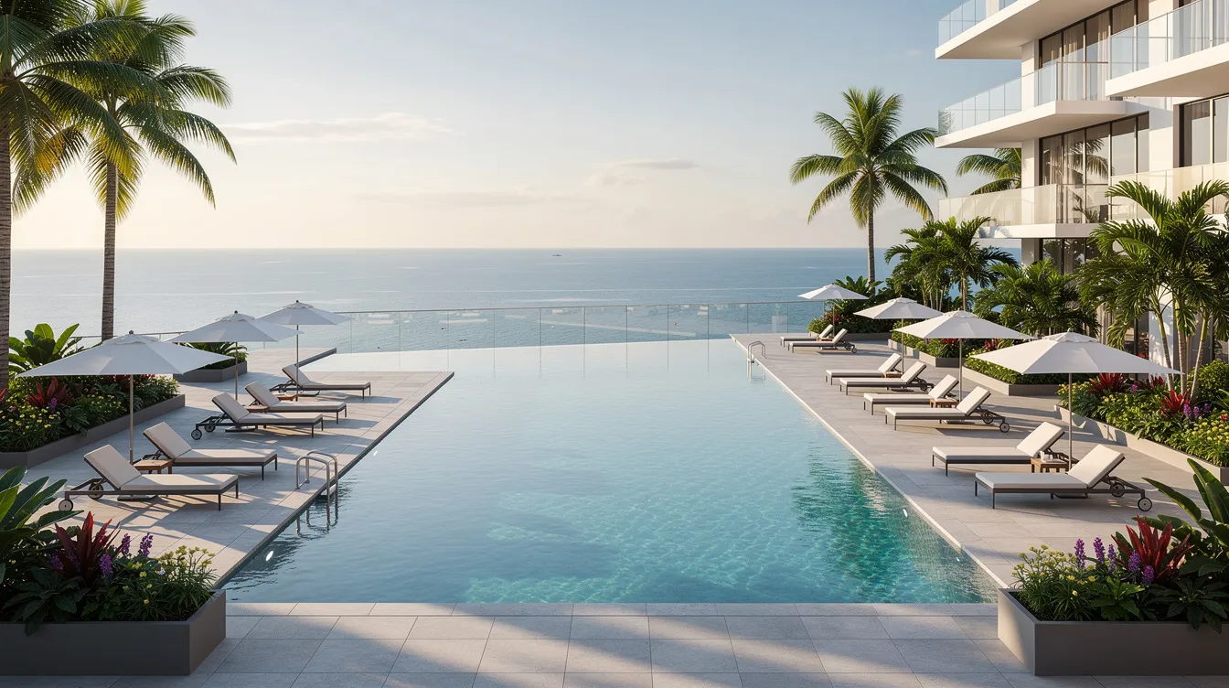 The image depicts a modern condominium swimming pool surrounded by lush tropical landscaping, with a stunning view of the ocean in the background. This tranquil setting is part of the coastal cabana ec lifestyle, offering residents easy access to nearby attractions like Pasir Ris Beach and the upcoming cross island line.