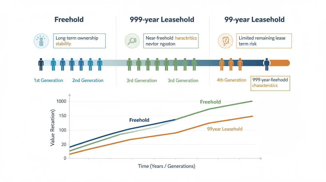 The infographic illustrates a comparison of freehold, 999-year leasehold, and 99-year leasehold properties, featuring generational timelines and value retention curves. It highlights key advantages of investing in landed properties, such as those in the Springleaf Collection, and their potential impact on long-term legacy portfolios.