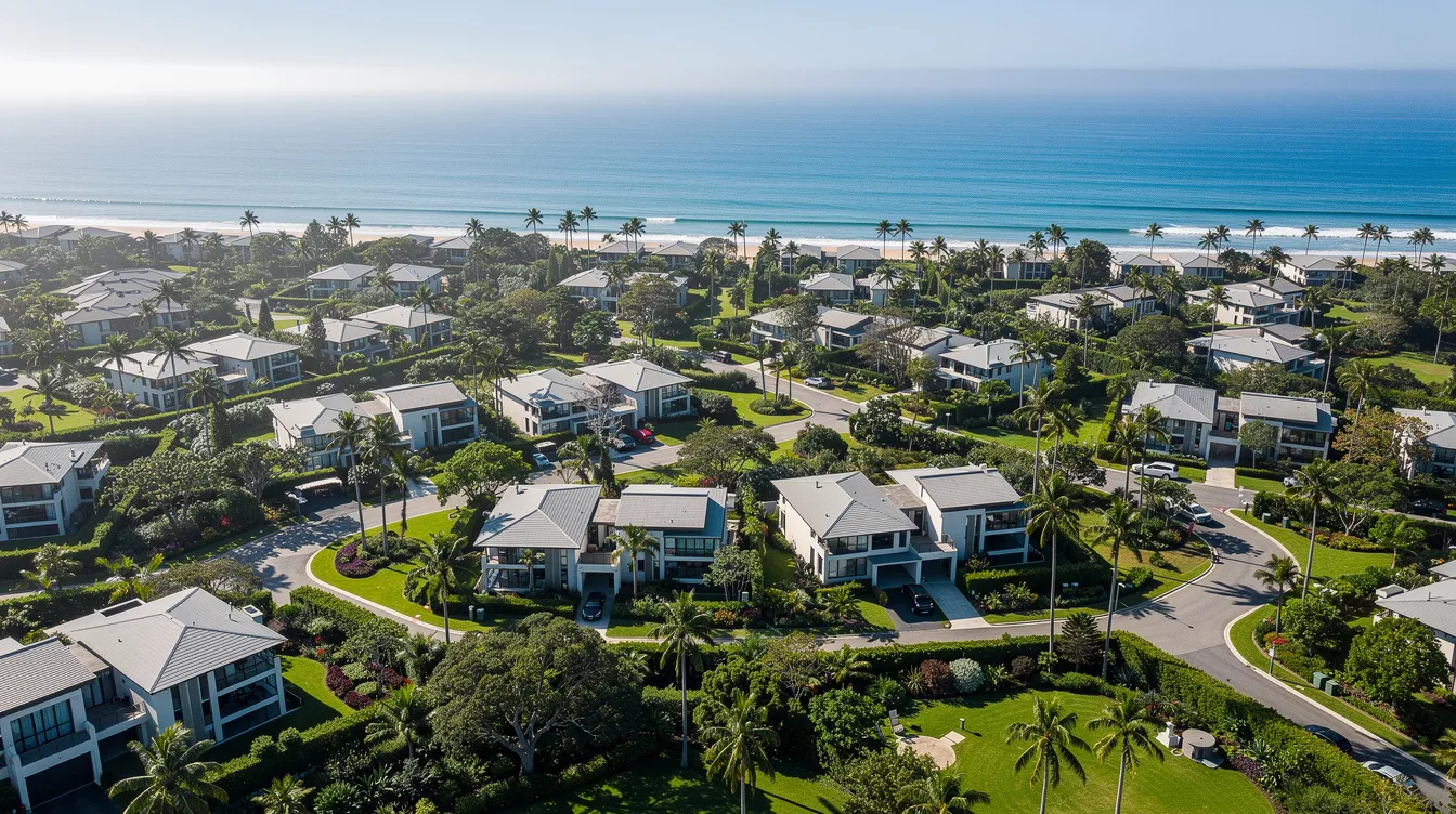 An aerial view showcases a coastal residential development, known as Coastal Cabana EC, nestled among lush greenery with the sea shimmering in the background. This serene environment highlights the perfect blend of nature and coastal living, making it an attractive option for first-time buyers and nature lovers alike.
