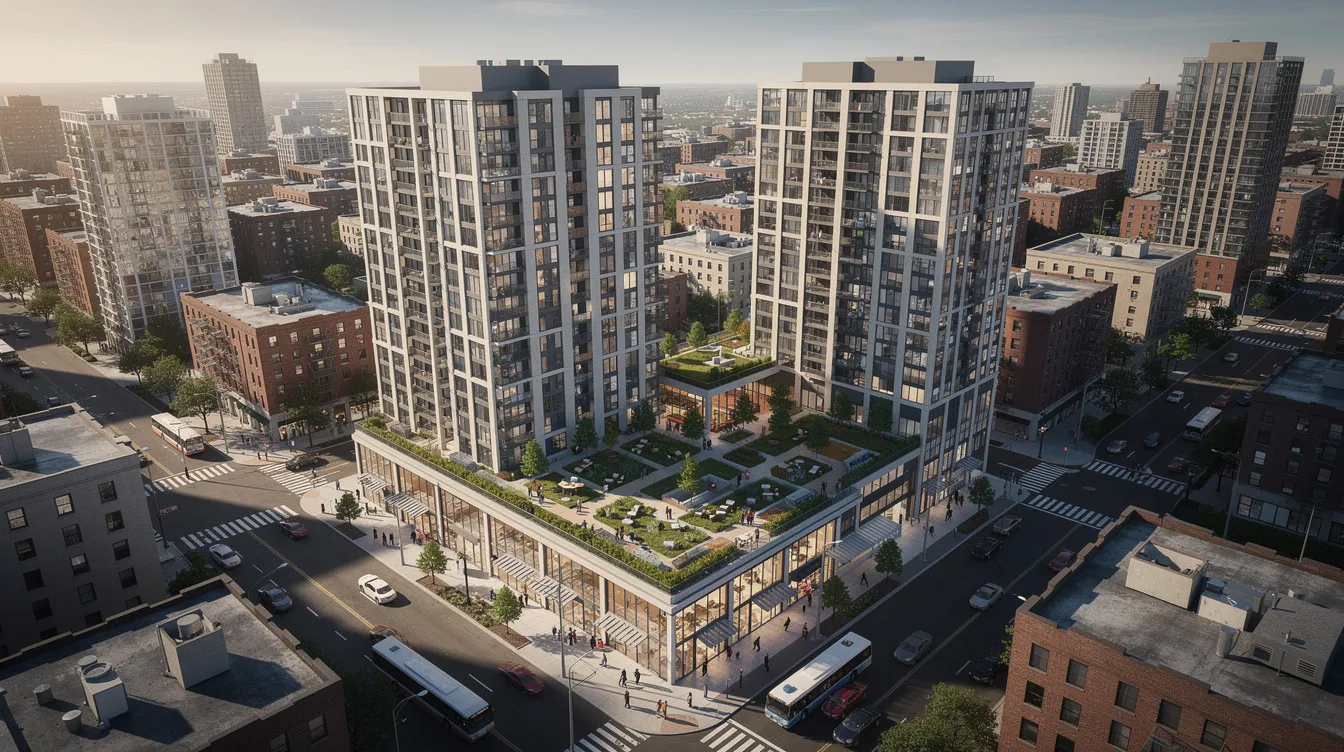 An aerial view showcases a modern mixed-use development featuring twin residential towers, surrounded by lush green spaces and a landscaped podium, situated in a bustling urban environment near the central business district. This vibrant setting represents the collective at One Sophia, highlighting its integration of residential and commercial components for urban living.