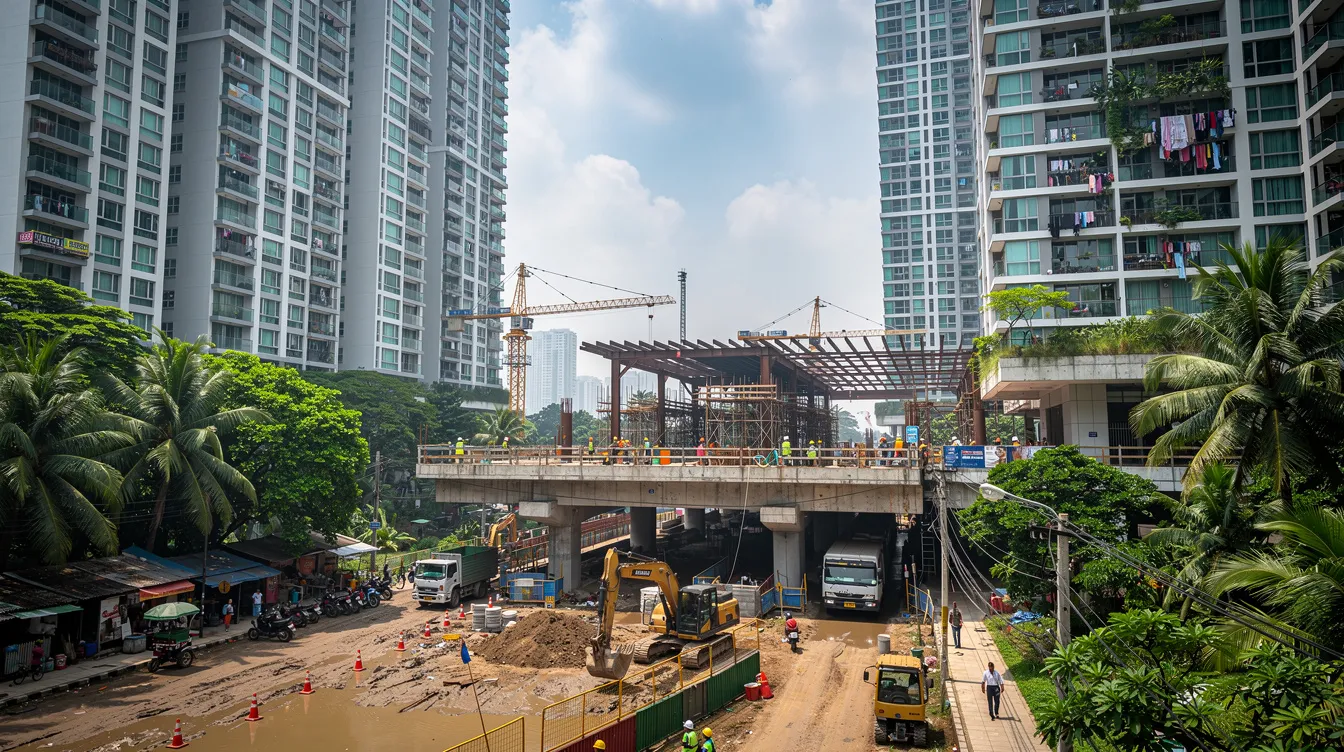 The image depicts a bustling construction site for an MRT station, located next to modern residential towers in a tropical urban landscape. This area is part of the Tengah Garden Residences district, highlighting the development within the Jurong Lake District and the upcoming Jurong Region Line.