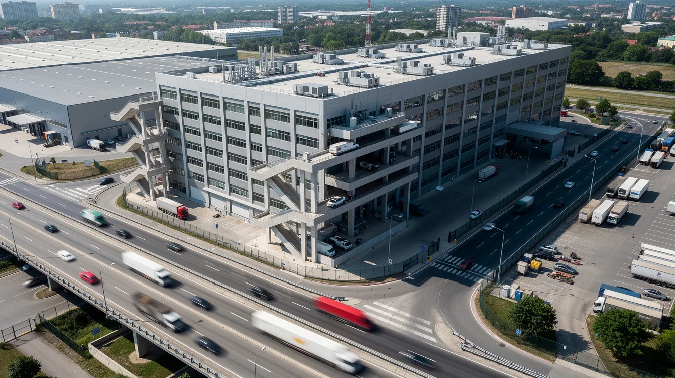 An aerial view showcases a nine-storey industrial building situated adjacent to expressway infrastructure, featuring heavy vehicle ramps and optimized floor loading for industrial operations. This development, part of the Skye Tuas project, emphasizes operational efficiency and convenient access to the upcoming Tuas Mega Port, supporting a diverse business ecosystem in western Singapore.