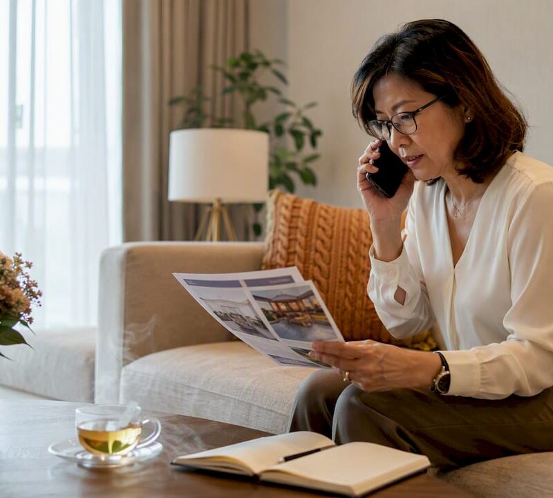 Woman consulting property listings in sales office