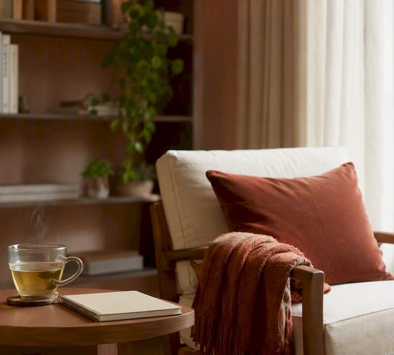 Warm professional office corner with laptop and tea