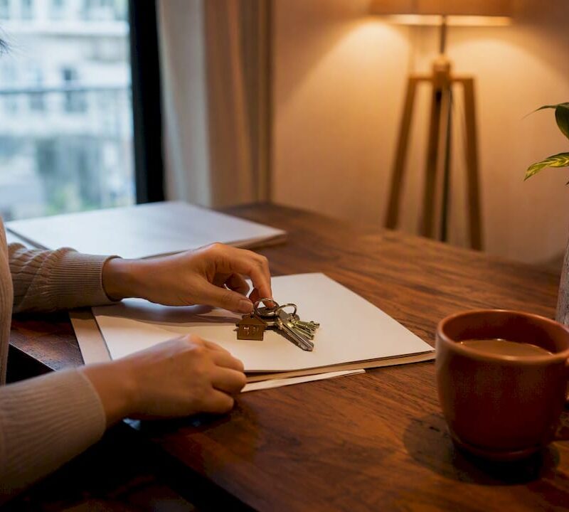 Hands arranging house keys and documents
