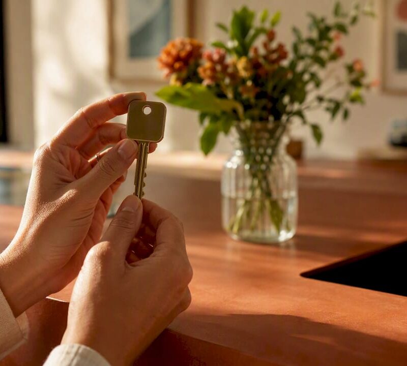 Hands holding property keys indoors