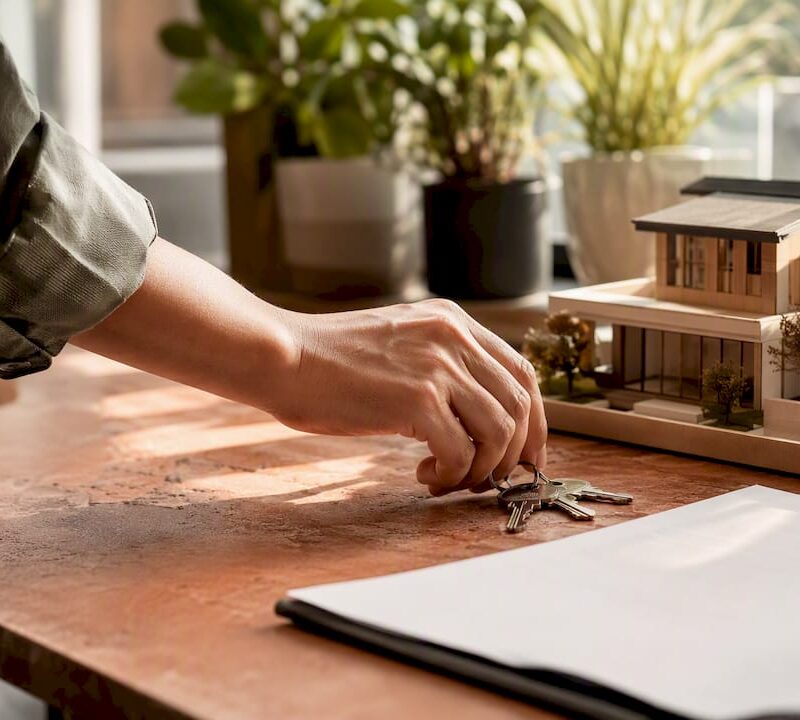Hand holding keys over house blueprints
