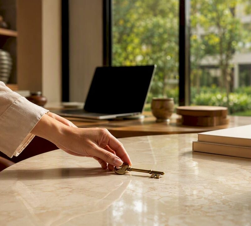Hands placing key on legal notebook in office