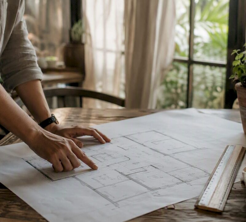 Hands tracing on floor plan with measuring ruler