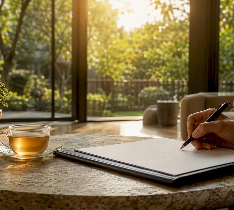 Hand signing real estate contract with building outside
