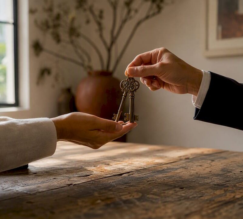 Hands exchanging house keys indoors