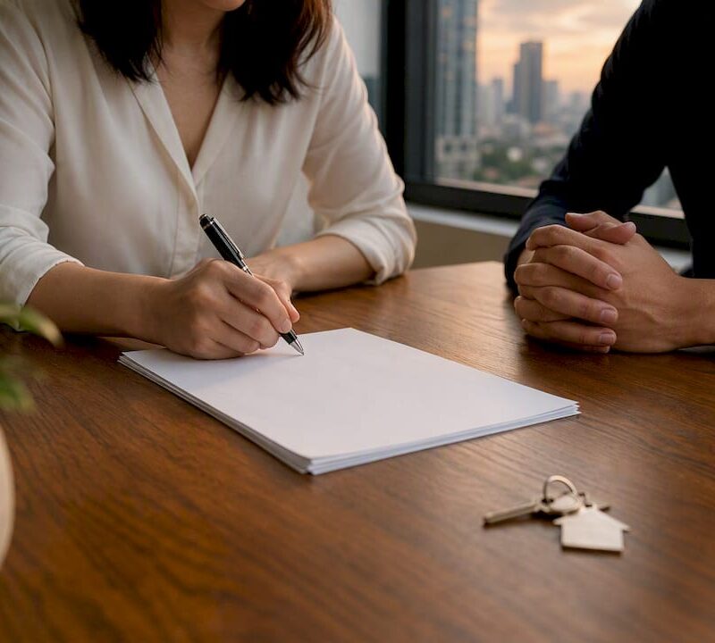 Hands signing property contract in Singapore