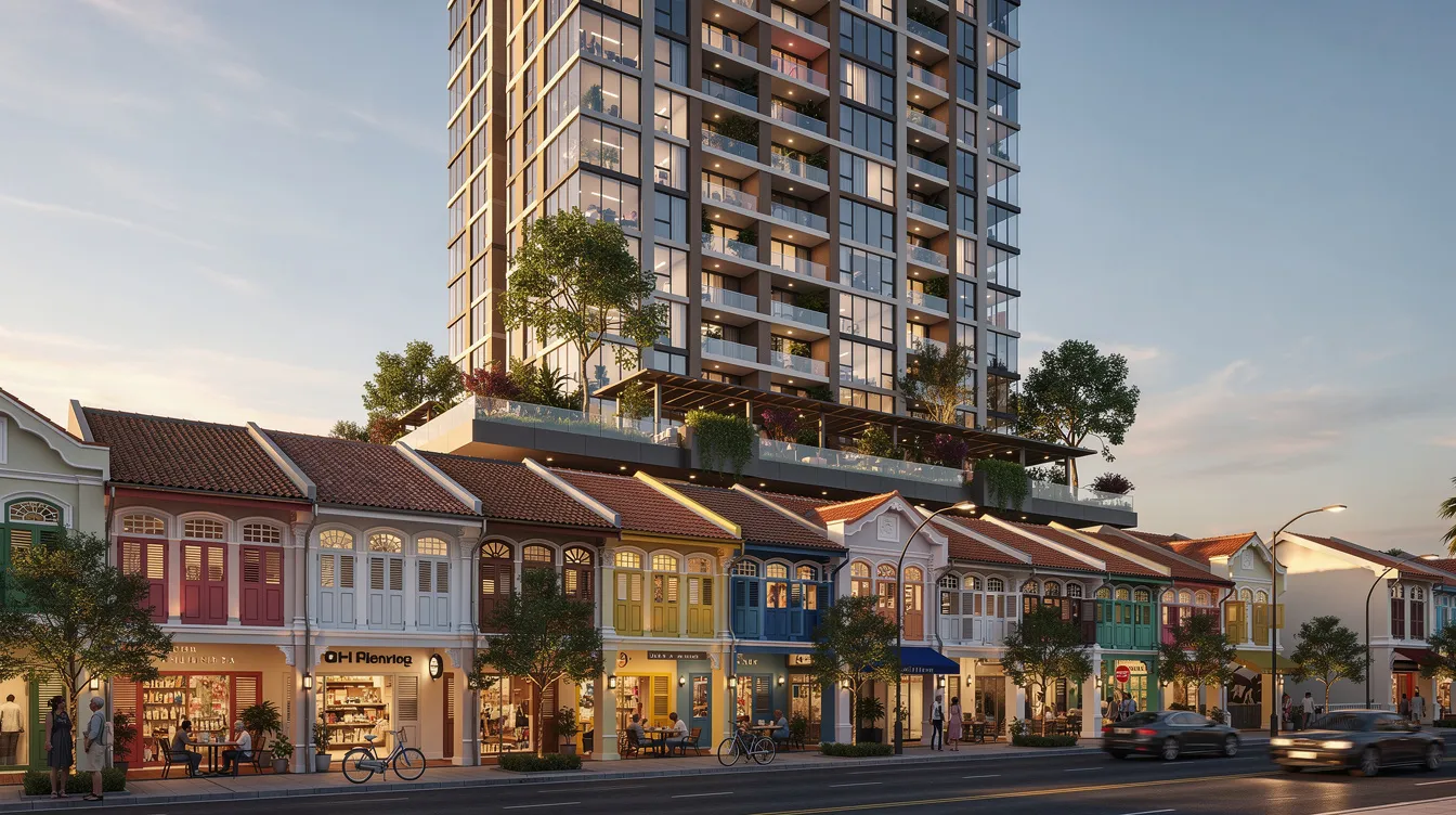 The image depicts a modern high-rise residential tower, known as Union Square Residences, featuring a landscaped podium and heritage shophouses at street level, creating a blend of urban living and cultural charm in the central business district of Singapore. This mixed-use development offers luxury living with convenient access to lifestyle amenities and green spaces, enhancing the appeal of modern city living.