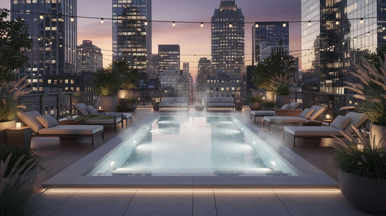 The image depicts a beautifully landscaped rooftop recreation area featuring a pool, offering stunning views of an urban skyline at dusk. This luxurious setting is part of the Union Square Residences, highlighting modern city living with lifestyle amenities amidst the vibrant backdrop of Singapore's central business district.
