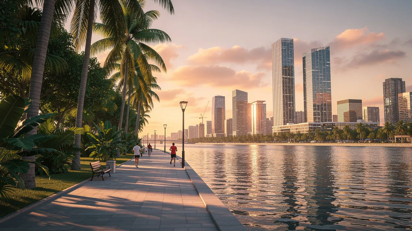 The image depicts a scenic riverside walkway lined with tropical trees, with modern buildings in the distance that form a part of the vibrant city skyline. This picturesque setting, near the Singapore River, offers a blend of nature and urban living, ideal for leisurely strolls and dining experiences along the promenade.