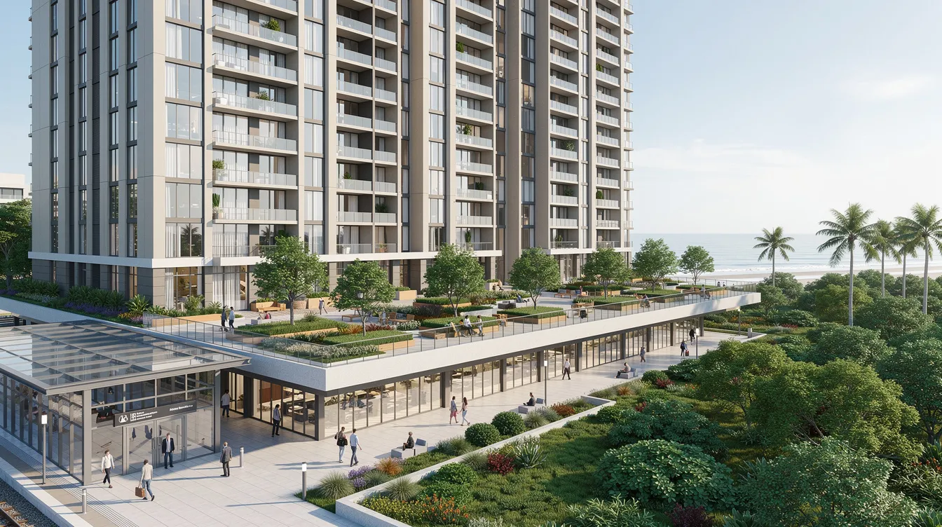 The image depicts modern condominium towers with a beautifully landscaped podium deck adjacent to the entrance of Bayshore MRT station, surrounded by lush coastal greenery typical of the East Coast area. This prime location offers residents seamless connectivity to amenities and is within walking distance to East Coast Park and other lifestyle attractions.