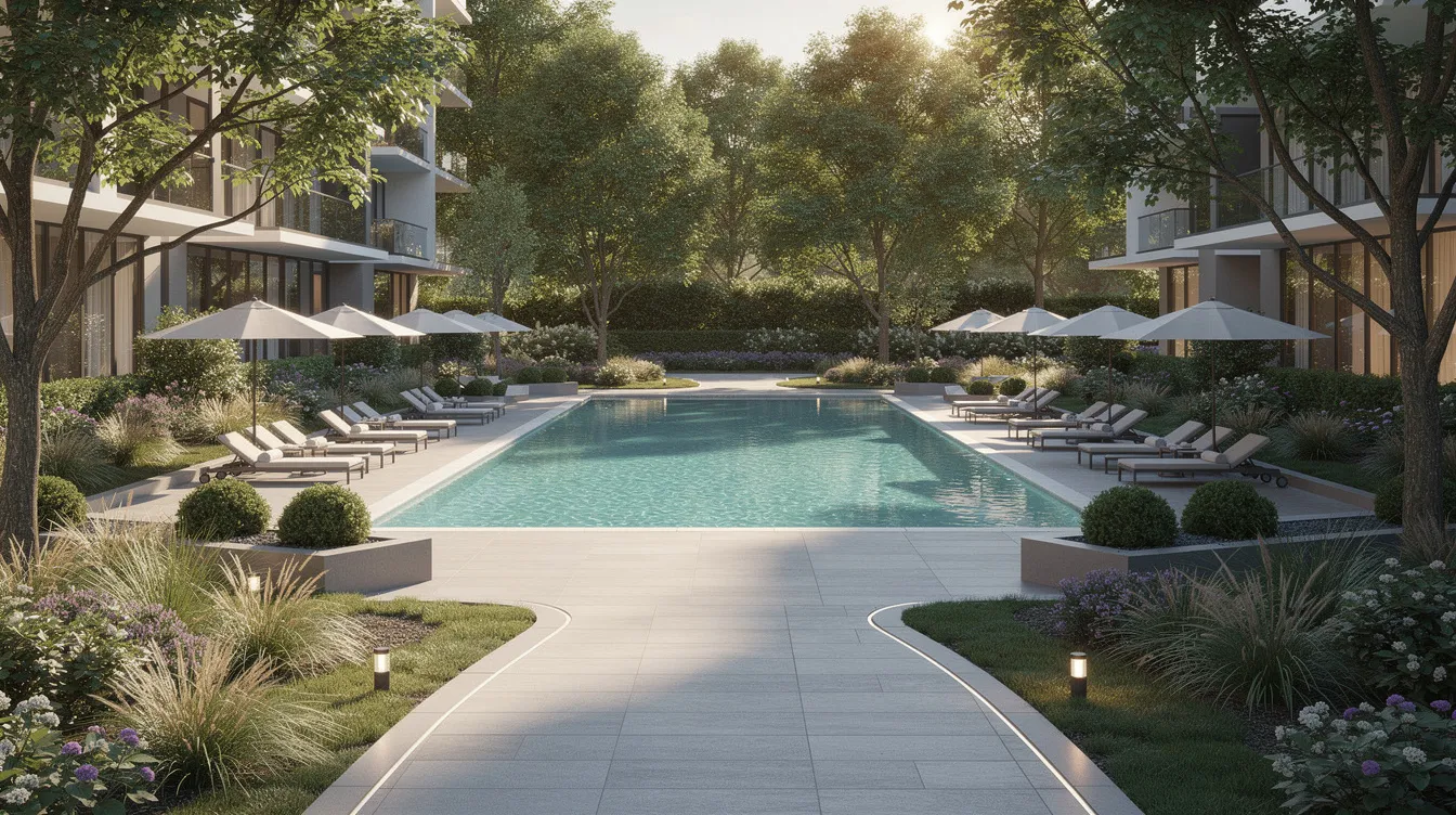 The image depicts a modern condominium pool area surrounded by beautifully landscaped gardens, with a walking path that meanders toward a lush tree canopy. This serene setting is part of the Dunearn House residential development, located near the Bukit Timah Turf City precinct and within walking distance of the Sixth Avenue MRT station.