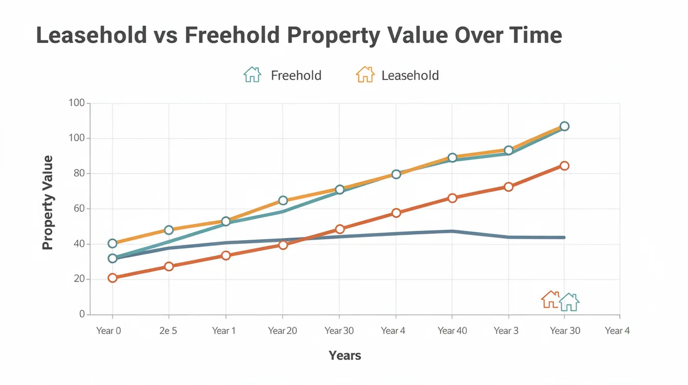 The image is a comparison chart illustrating the value trajectories of leasehold versus freehold property over several decades, highlighting the long-term value of freehold landed properties and their potential for wealth preservation. It includes data on resale transactions, purchase prices, and market trends for private real estate, such as semi-detached homes and non-landed homes in Singapore.