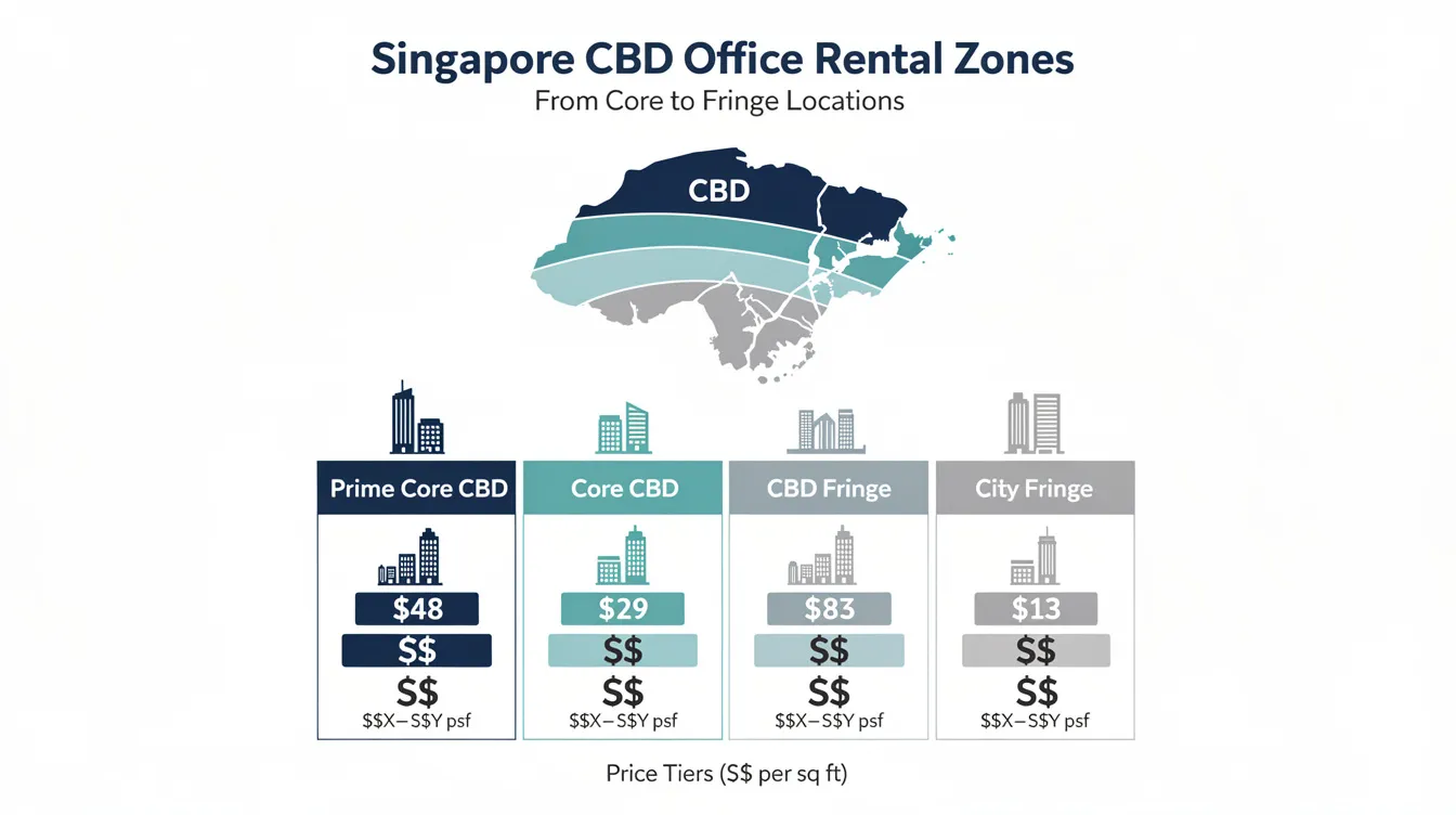 The infographic illustrates the various rental zones within Singapore's central business district (CBD), highlighting pricing tiers from core to fringe locations. It emphasizes the continued office demand growth and the differences in office spaces, showcasing how rental growth varies across prime grade and other office buildings in the area.