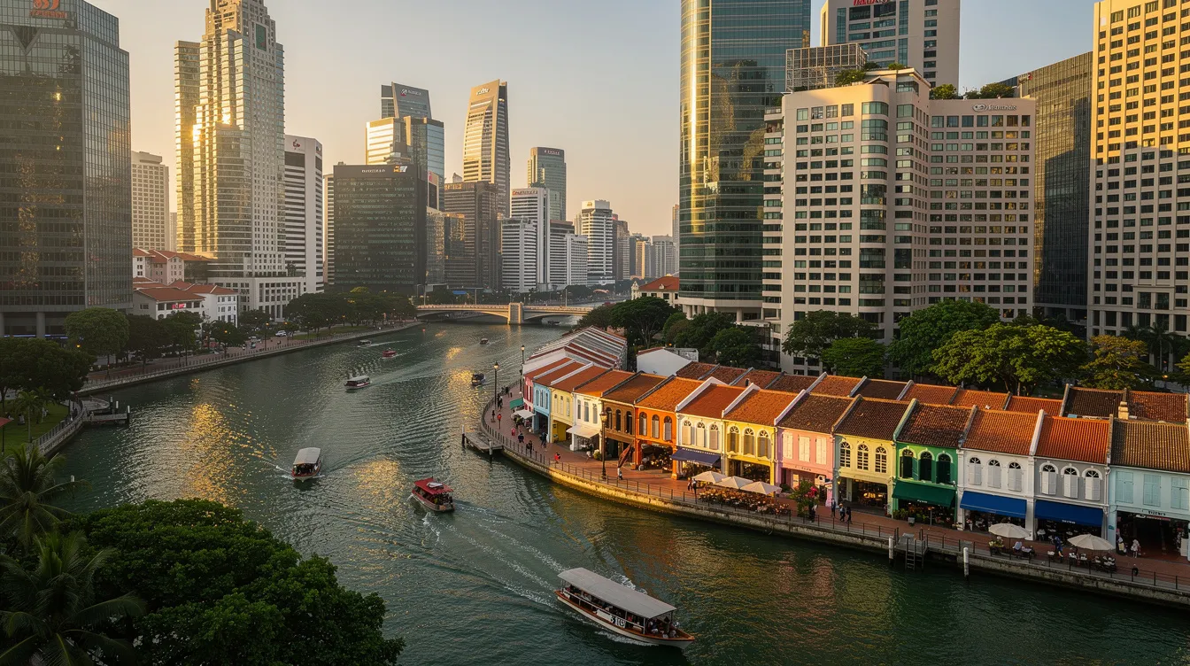 An aerial view of the Singapore River meandering through the central business district showcases a blend of modern office buildings and historic shophouses along the waterfront, highlighting the vibrant mix of prime grade office space and cultural heritage in this bustling urban area. The image captures the essence of Singapore's office sector, reflecting the continued office demand growth and the flight to quality trend in the region.