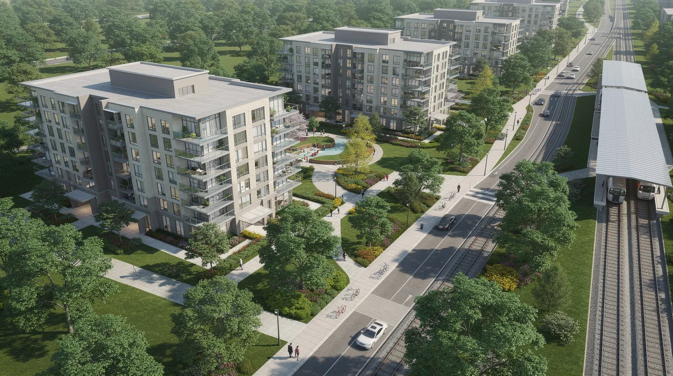 An aerial view showcases a modern condominium development, Rivelle Tampines, nestled within lush greenery and conveniently located near the Tampines West MRT station. The scene highlights multiple residential blocks surrounded by amenities, illustrating the established amenity ecosystem of the Tampines area.
