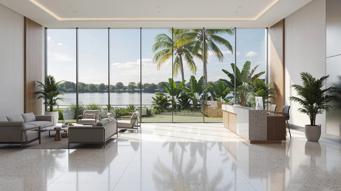 The image depicts a modern condominium lobby featuring expansive river views and lush tropical landscaping, creating a serene atmosphere. This luxurious space offers residents a glimpse of the Singapore River and the vibrant city skyline, enhancing the urban living experience.