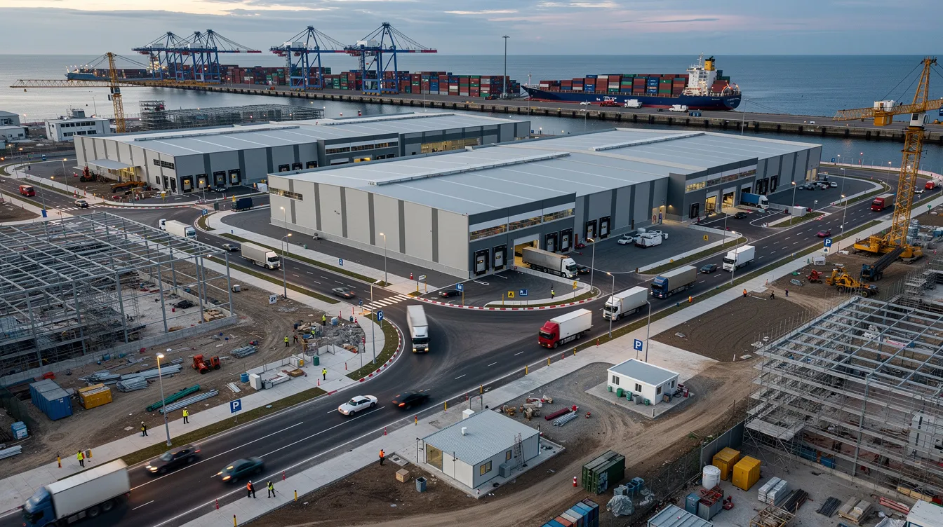 The image depicts a modern industrial development near the upcoming Tuas Mega Port, showcasing ramp-up vehicle access and designated car parking facilities for heavy-duty logistics operations. The construction site emphasizes operational efficiency with high ceiling heights and flexible reconfigurations to accommodate diverse business ecosystems and future power-intensive operations.