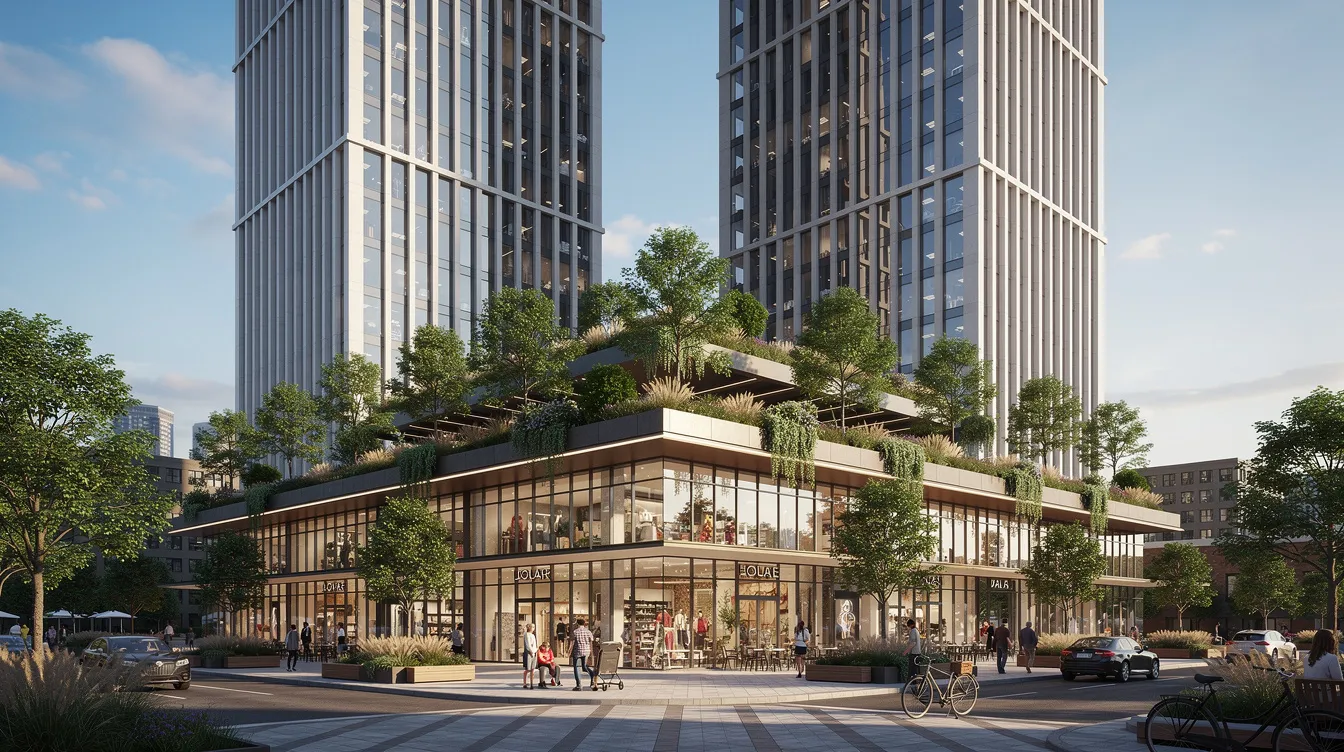 The image depicts a modern architectural rendering of twin towers rising elegantly from a landscaped retail podium, adorned with lush green spaces and sky gardens. This mixed-use development, part of the Collective at One Sophia, showcases a harmonious blend of urban living and nature in a prime central location.