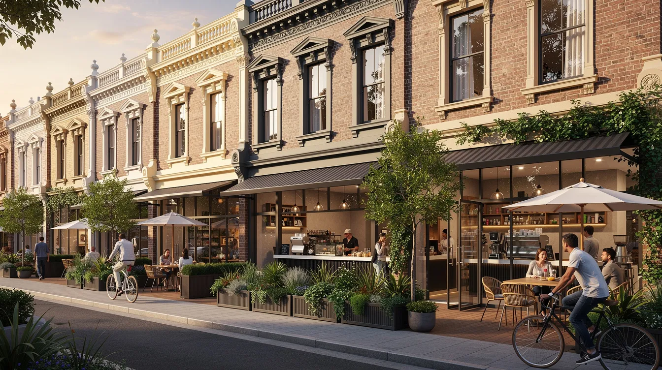 The image depicts restored heritage terrace buildings featuring modern food service operations on the ground floor, complemented by lush greenery along a walkway. This setting reflects Singapore's food ecosystem, showcasing food businesses and production facilities in a prime central location.