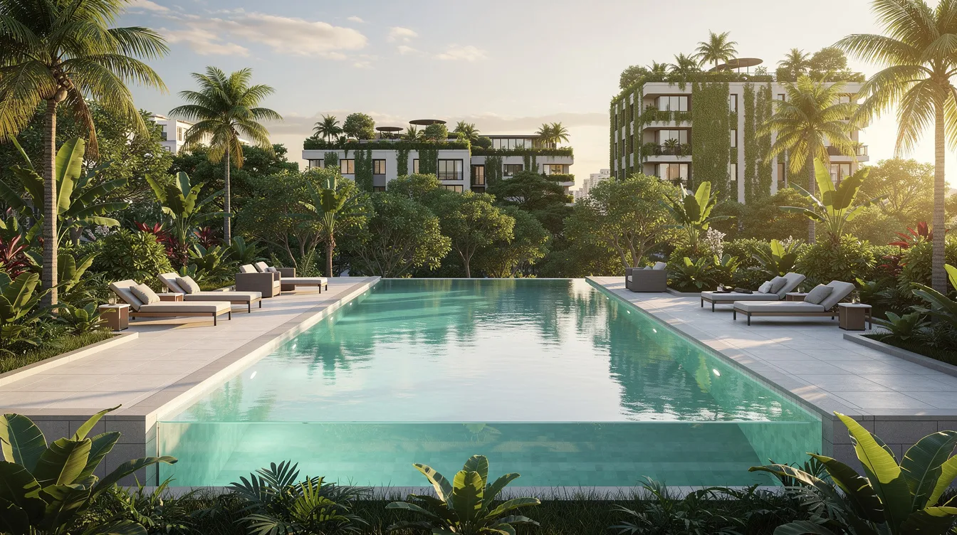A modern infinity pool is situated on a landscaped podium deck, offering breathtaking views of a green urban neighborhood filled with lush tropical gardens. This luxurious setting, part of the Skye at Holland development, exemplifies contemporary urban living near Holland Village and the Holland Village MRT station.