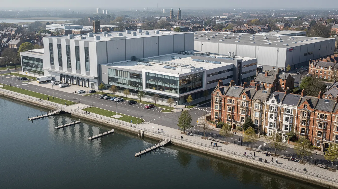 An aerial view captures a modern multi-storey food factory complex, showcasing both sleek contemporary structures and heritage terrace buildings along a waterfront promenade. This vibrant hub, part of Singapore's food industry, highlights the adaptive reuse of architectural heritage while serving as a key location for food production and innovation within the gourmet xchange at Kallang.