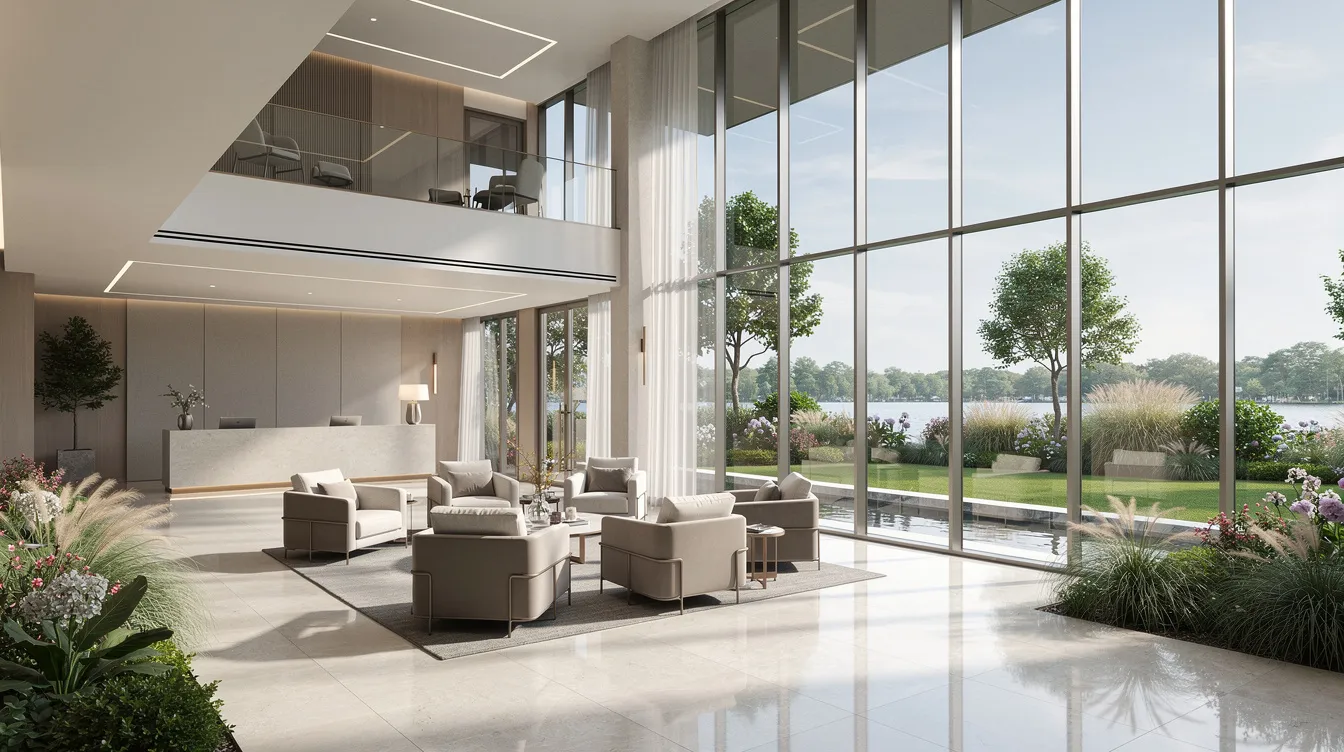 The image depicts a modern residential lobby featuring floor-to-ceiling glass windows that provide a stunning view of the lush waterfront gardens of Marina Gardens. This sophisticated space embodies urban living with its elegant design and ample natural light, creating a welcoming atmosphere for residents and visitors alike.