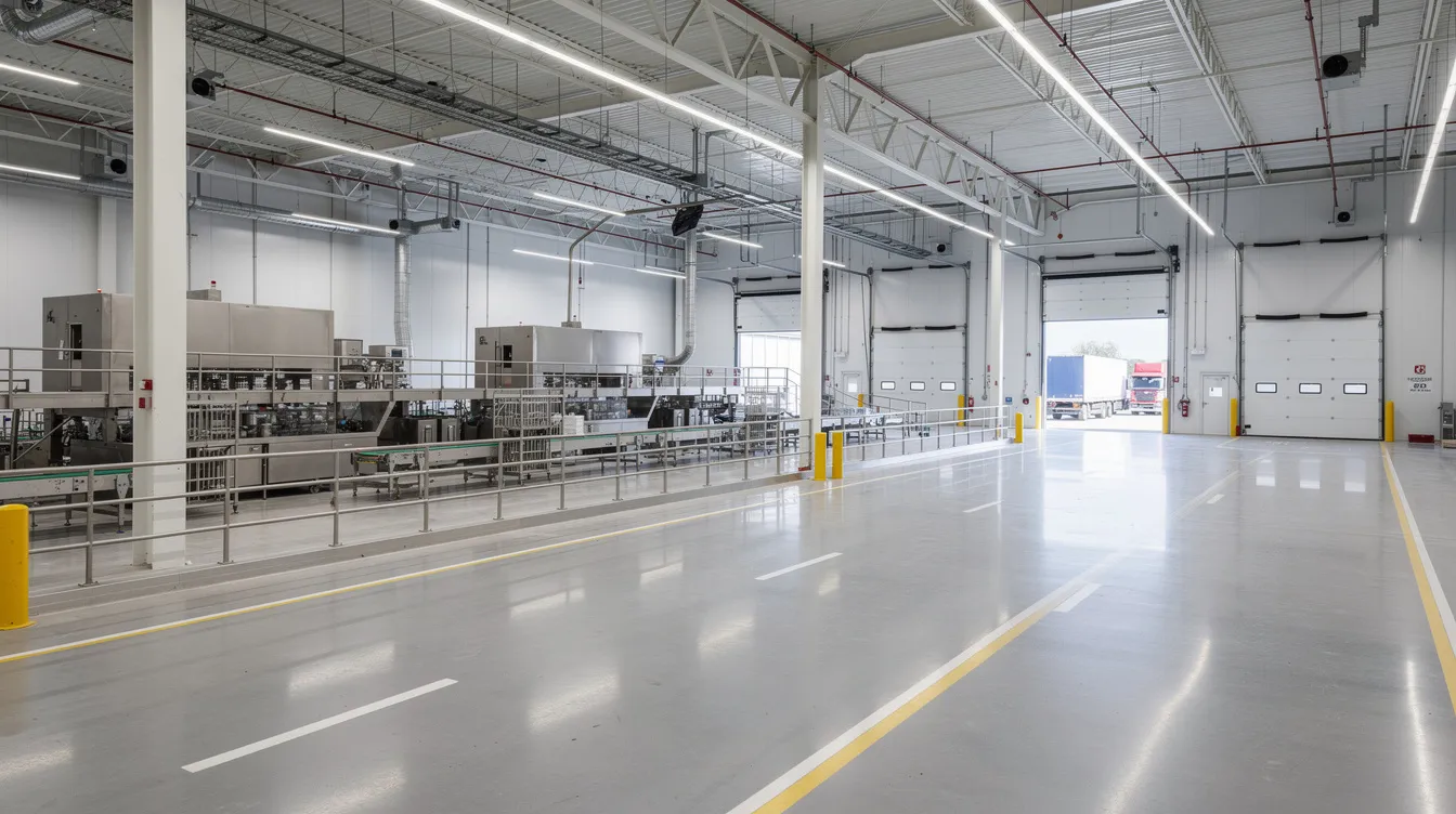 The image depicts the interior of a high-ceiling industrial food production space, featuring wide driveways and direct loading bay access, designed to accommodate various food businesses. This prime central location in Singapore's mature industrial estates highlights the food factory's capacity for large-scale food manufacturing and urban food production.