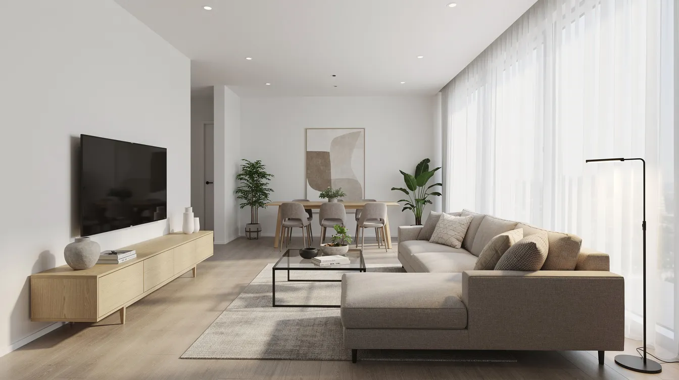 The image shows a modern condominium showflat interior featuring a spacious living area filled with natural light, showcasing contemporary furnishings that highlight the stylish design. This inviting space is ideal for potential buyers interested in the Chuan Grove development, located near Lorong Chuan MRT station, with easy access to nearby estates and strong fundamentals in District 19.