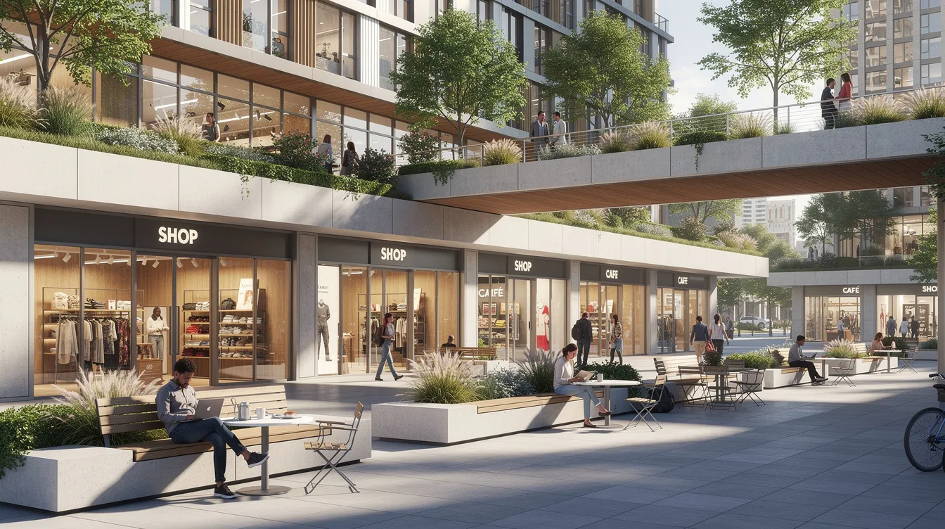 The image depicts a modern mixed-use building podium featuring retail shops, green walkways, and public seating areas, creating a vibrant and connected community. This integrated development is strategically located near Tampines North MRT Station and offers convenient access to nearby amenities such as Tampines Mall and Century Square.