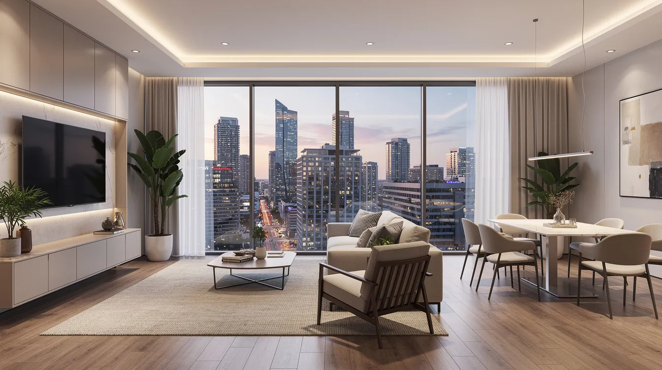 The image depicts a modern condominium showflat interior featuring floor-to-ceiling windows that offer stunning city views, showcasing the sleek design and layout efficiency typical of properties like Lentor Gardens Residences. This contemporary living space highlights the benefits of modern living in Singapore's premier new private enclave.