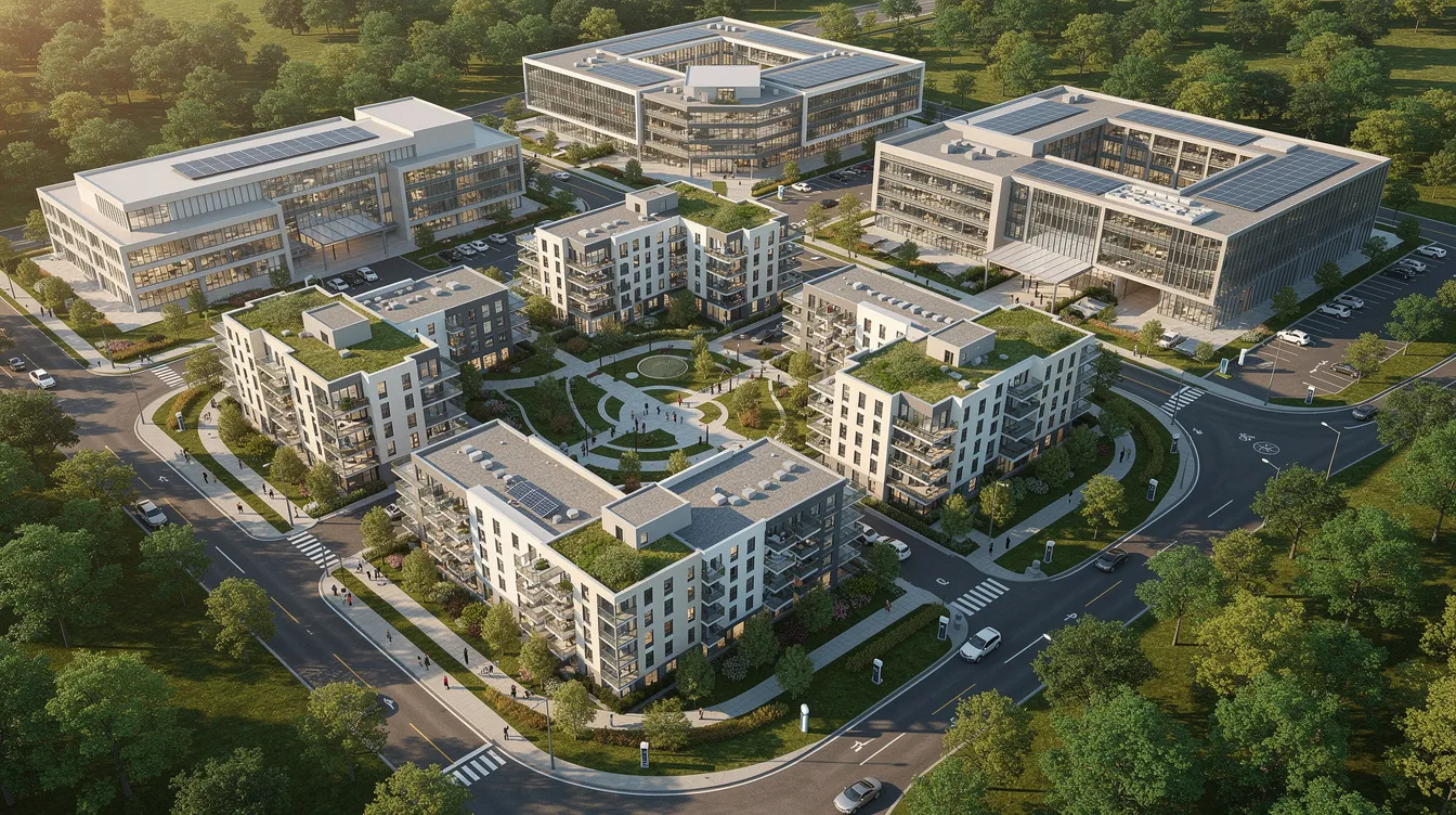 An aerial view showcases the Bloomsbury Residences in District 5, surrounded by lush greenery and modern buildings of a research park, highlighting its prime location near educational institutions like the National University of Singapore and convenient access to the One North MRT station. The image emphasizes the blend of modern urban living with landscaped gardens, making it an attractive option for aspiring homeowners.