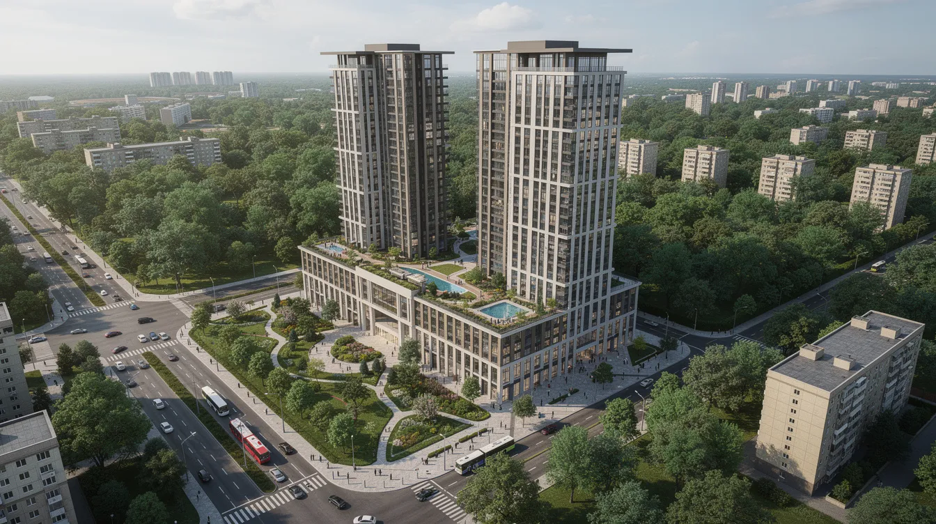 An aerial view showcases a modern twin-tower residential development nestled among lush greenery and urban infrastructure, highlighting the elevated modern living in the mature estate of Clementi. The nearby Jurong Lake District and easy access to amenities like Clementi MRT Station and Clementi Mall enhance the appeal of this vibrant community.