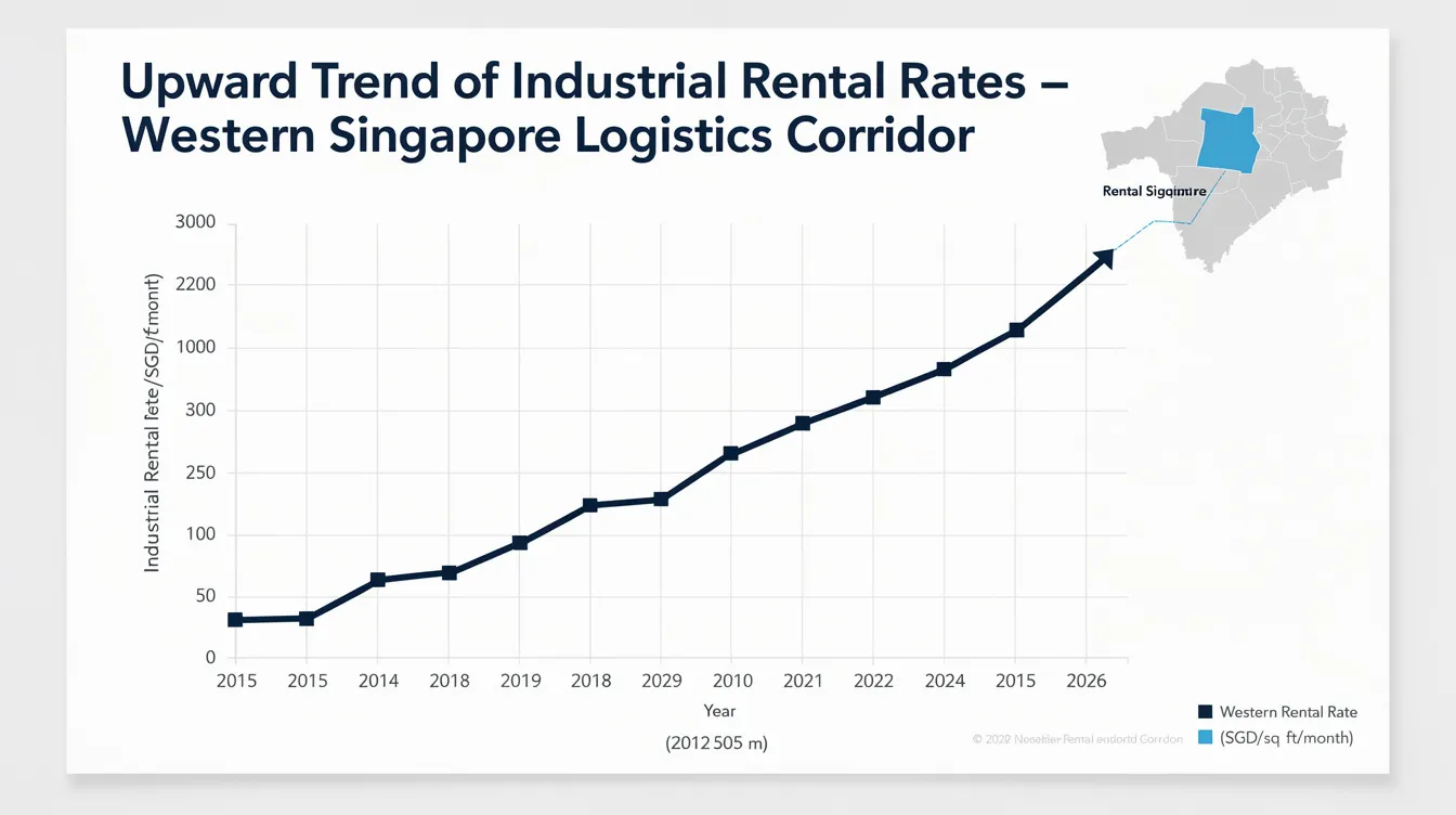 The chart illustrates the upward trajectory of industrial rental rates in the western Singapore logistics corridor, highlighting the growth potential of industrial development properties in the area, particularly around the upcoming Tuas Mega Port. This trend reflects increasing demand for industrial space, which supports future power-intensive operations and enhances operational efficiency within the diverse business ecosystem.