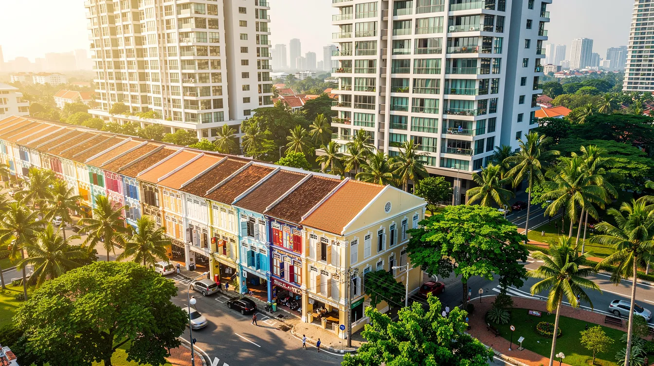 An aerial view captures a vibrant tropical urban district featuring low-rise heritage shophouses alongside modern residential towers, all surrounded by lush greenery. This scene reflects the unique blend of heritage charm and modern luxury found in the Holland Village area, close to the Holland Village MRT station and various lifestyle amenities.