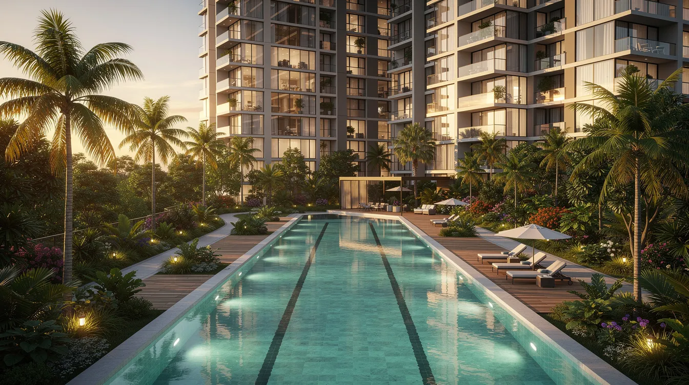 The image depicts modern residential towers surrounded by lush tropical landscaping, featuring a serene lap pool and a recreational deck designed for an active and healthy lifestyle. Located near Clementi Avenue 1, these luxury condominiums offer elevated living with easy access to amenities like Clementi Mall and the nearby Jurong Lake District.
