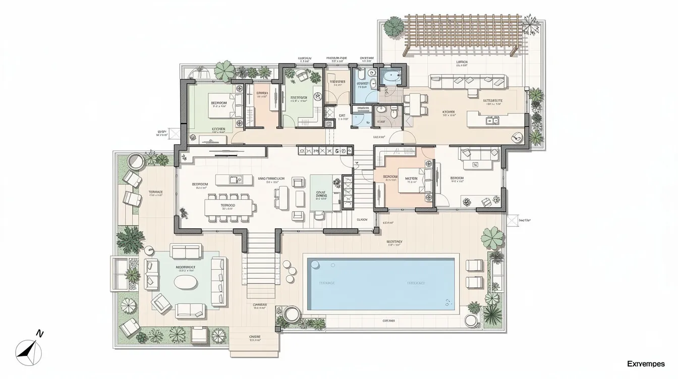 The image features a detailed floor plan of a multi-level terrace layout that includes a private pool, several bedrooms, and a rooftop terrace, showcasing the luxurious design typical of the Springleaf Collection. This layout highlights the appeal of landed property in established private estates, making it an attractive option for buyers seeking a unique living experience in Singapore's District 26.