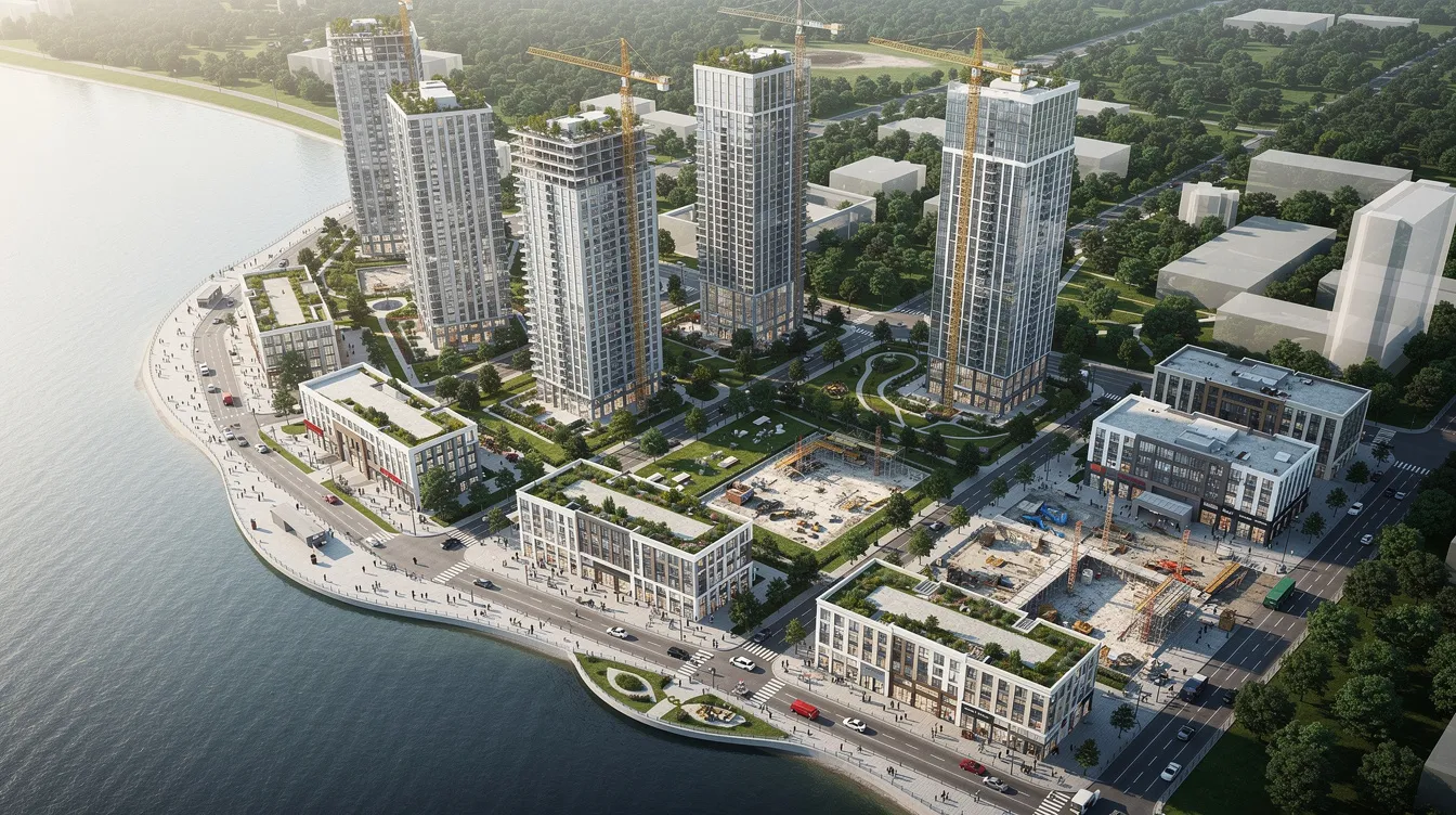 An aerial view of the Marina South precinct showcases a waterfront mixed-use district under development, featuring green spaces, residential towers, and commercial areas. The image highlights the strategic location near Marina Bay and the upcoming amenities that will benefit future residents and visitors.