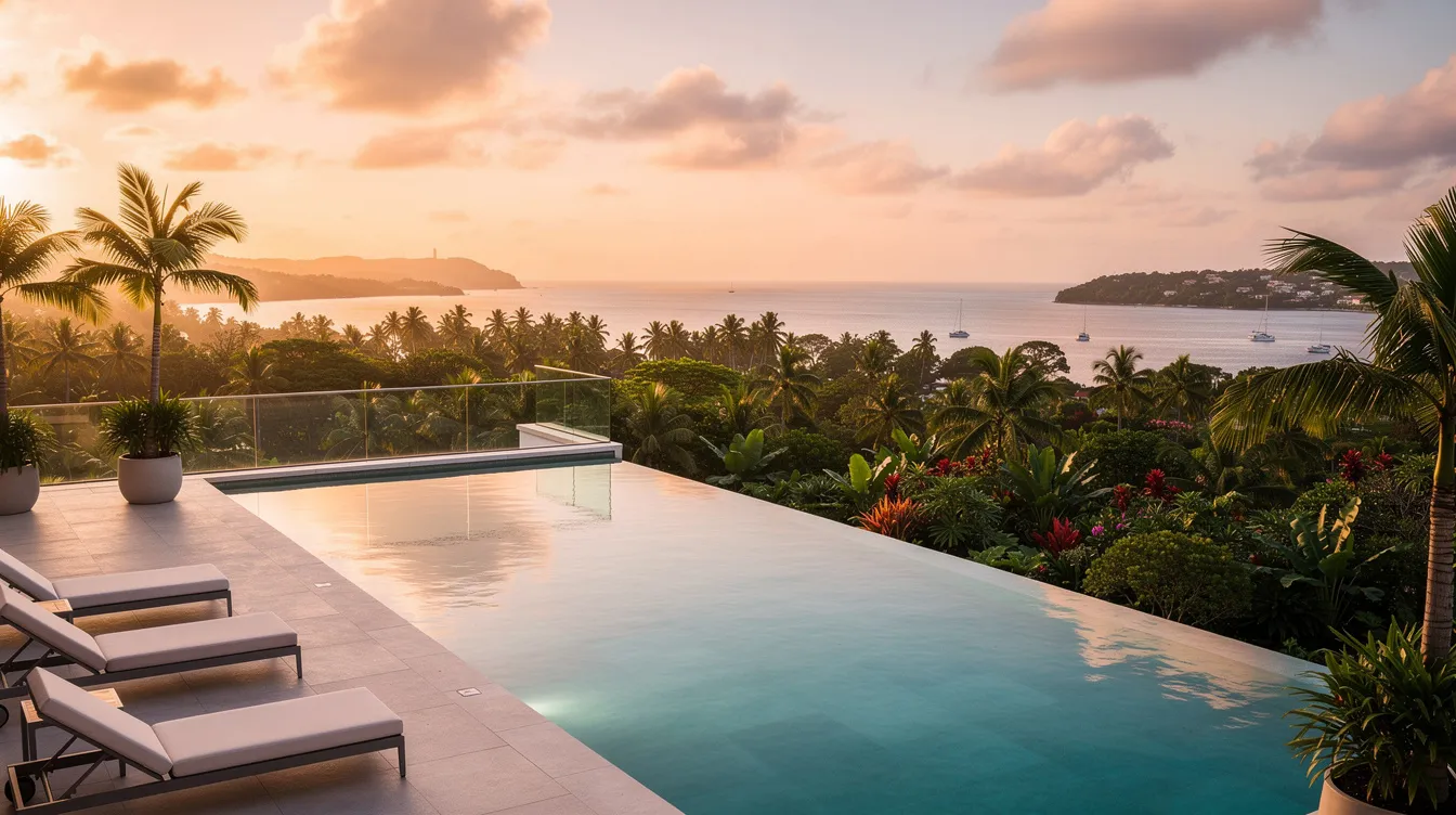 The image depicts an infinity pool on a luxurious rooftop terrace, offering stunning views of a vibrant bay and lush tropical gardens, characteristic of the Marina Gardens area, with the iconic Marina Bay Sands visible in the distance. The serene setting combines urban sophistication with natural beauty, making it an ideal spot for relaxation and enjoyment.