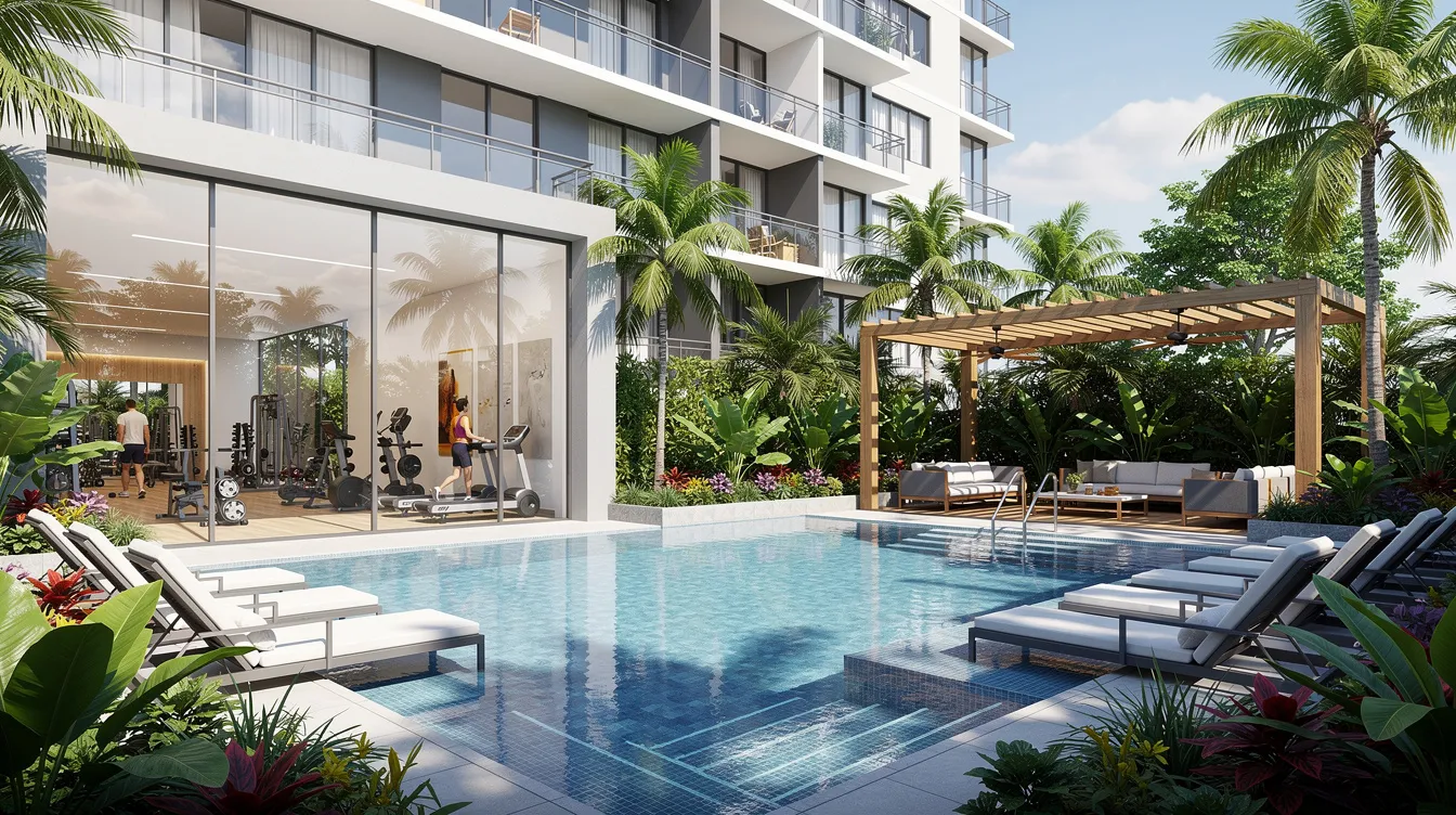 The image depicts a modern condominium pool area at Bloomsbury Residences, featuring fitness facilities and surrounded by lush tropical landscaping, creating a serene atmosphere for residents. This prime location near educational institutions and amenities enhances the appeal of modern urban living in the heart of District 5, Buona Vista.
