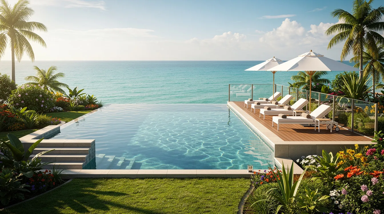 The image depicts a resort-style swimming pool situated on an elevated deck, offering a stunning view of the sea, surrounded by beautifully landscaped gardens. This serene setting is perfect for relaxation and is located in the vibrant Bayshore precinct, close to amenities in the east coast area.
