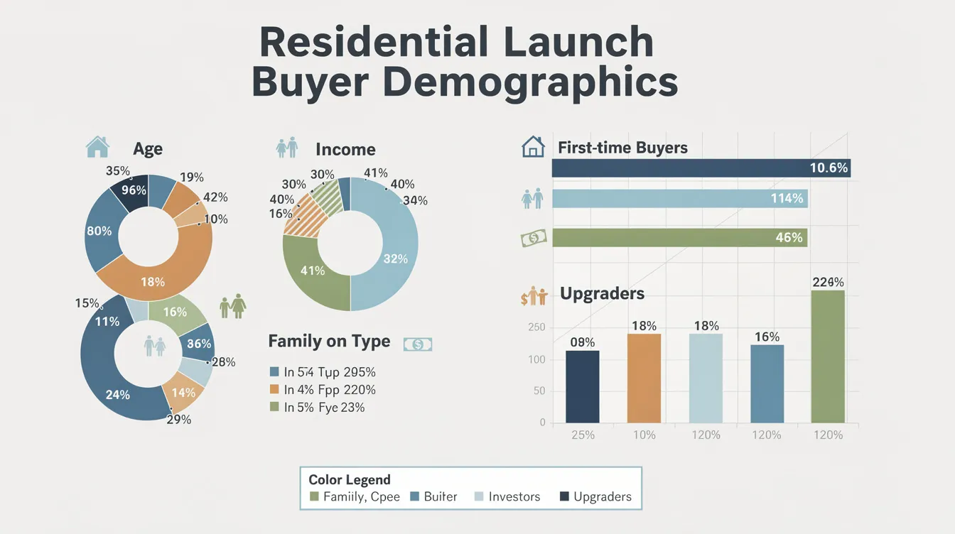 The infographic displays demographic data of buyers for the first private residential project, Tengah Garden Residences, featuring pie charts and bar graphs that highlight key statistics such as average price, unit mix, and the interest of young families and HDB upgraders in this new town within the Jurong Lake District. It visually represents the demand pool and potential buyer confidence for this private condominium launch.